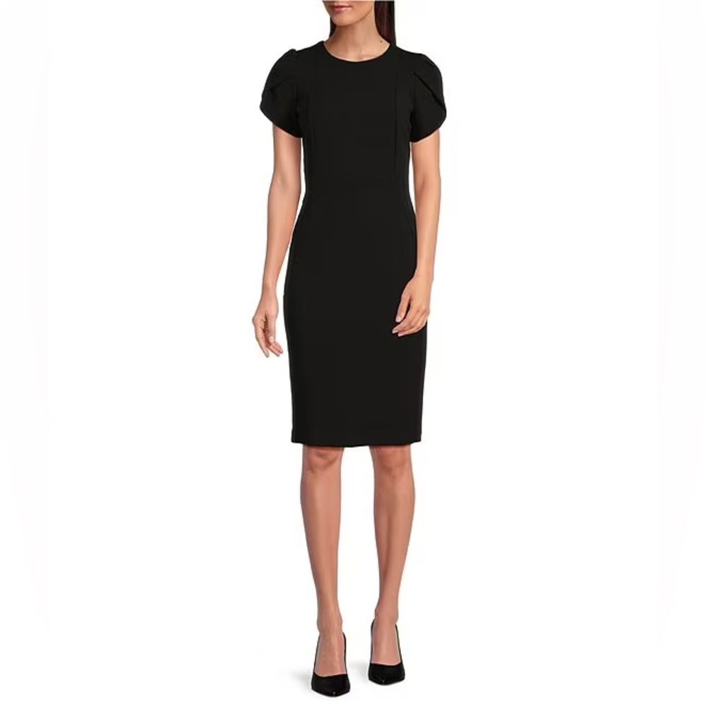 Calvin Klein Crew Neck Short Tulip Sleeve Solid Sheath Stretch Dress